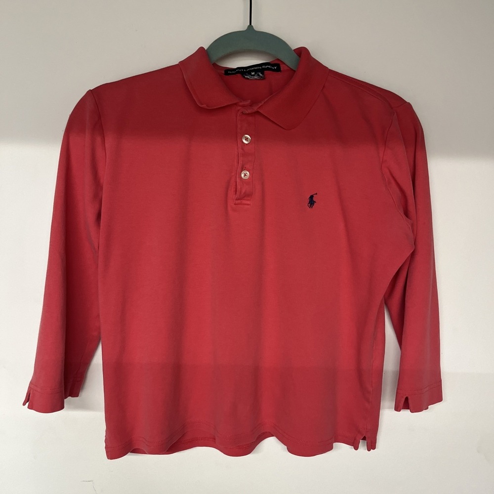 Ralph Lauren Sport Polo Shirt Women M Coral 3/4 Sleeve Cotton Classic Preppy